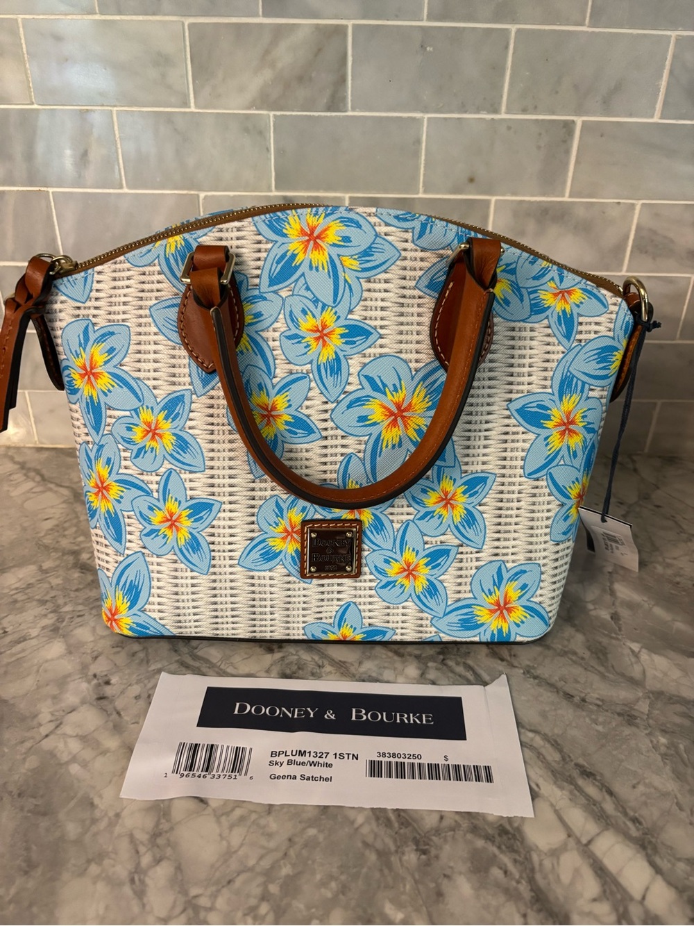 Dooney & Bourke Sky Blue Floral Satchel with Tan Leather Trim